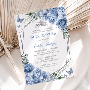 Editable Dusty Blue Floral Quinceañera Invitation Template, 5x7 Baby Blue Silver Sweet 16 Butterfly Birthday Instant Download Invite, QC32
