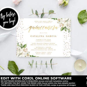 White Floral Quinceañera Invitation Template, Gold Quinceañera Invitation, Mis Quince, Quinceañera Instant Download, Quince Invitation, QC38