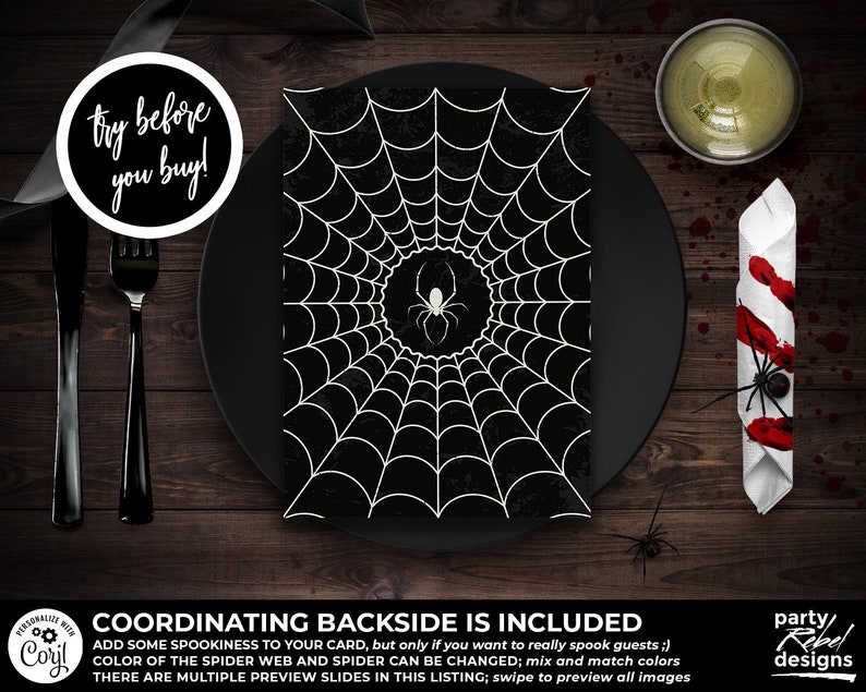 Puede incluir: Dise&ntilde;o de telara&ntilde;a en blanco y negro con una ara&ntilde;a en el centro. El dise&ntilde;o est&aacute; sobre un fondo negro y es perfecto para una fiesta de Halloween.