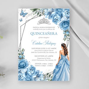 Cinderella Baby Blue Floral Quinceañera Invitation Editable Instant Download Template, Silver Sweet 16 Floral Princess Birthday Invite, QC30