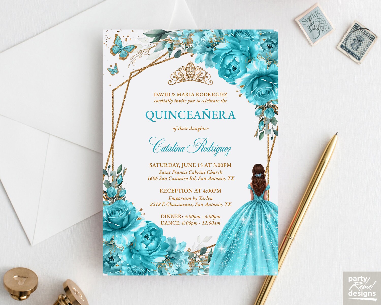 Turquoise Blue Floral Quinceañera Princess Editable Invitation