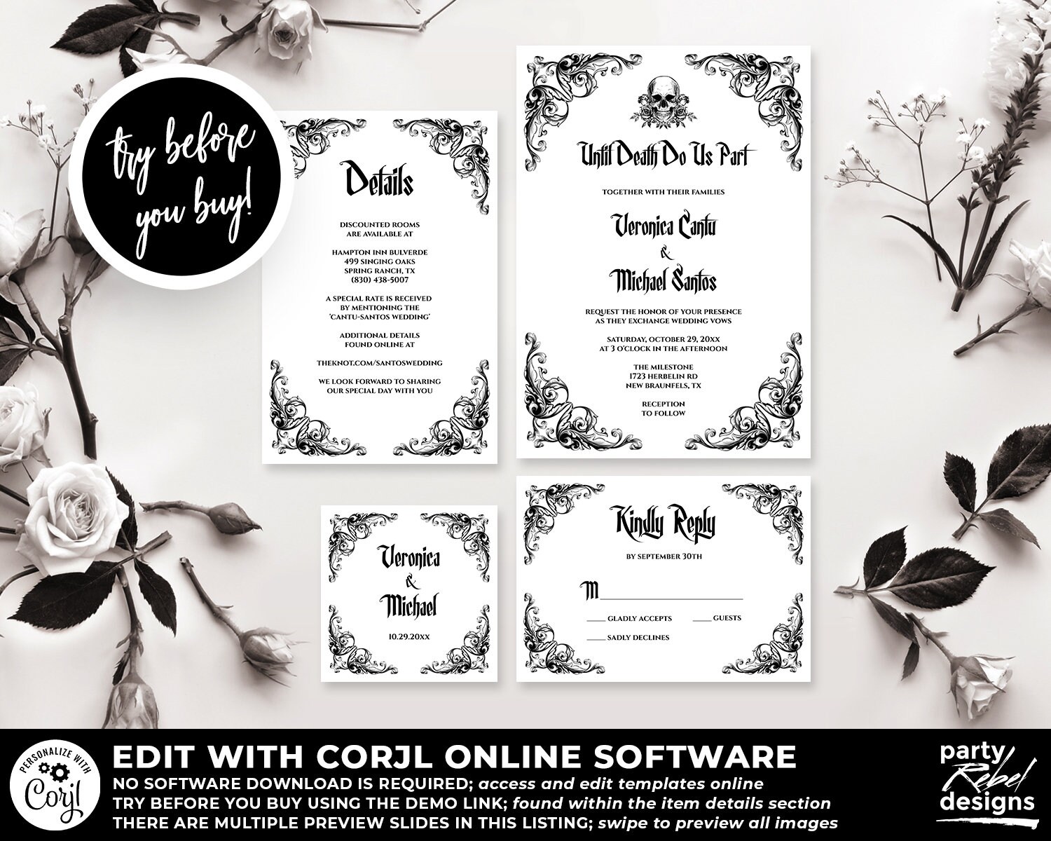 Gothic Wedding Invitation, Halloween Wedding, Rustic Wedding, Til Death Do Us Part, Hallowedding, Editable Wedding Template, Vintage, WS10