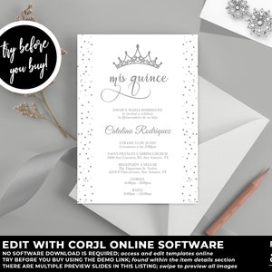 Quinceañera Party Invitation Template, Mis Quince, Silver Quinceañera Invitation Template, Mis Quince Años, Mis Quince Invitations, QC35