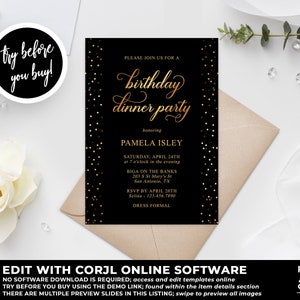 Birthday Dinner Invitation Template, Black and Gold Birthday Party, 21st Birthday, Gold Dinner Invitation, Birthday Party Invite, BD46