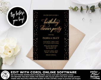 Birthday Dinner Invitation Template, Black and Gold Birthday Party, 21st Birthday, Gold Dinner Invitation, Birthday Party Invite, BD46