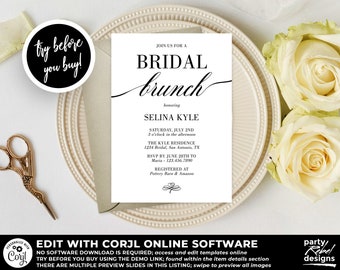 May include: A black and white printable bridal brunch invitation with a calligraphy font. The invitation includes the text "JOIN US FOR A BRIDAL BRUNCH" and the date "SATURDAY, JULY 2ND".