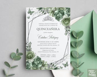 Editable Sage Green Silver Floral Quinceañera Invitation, Butterfly Sweet 16 Birthday Invite, DIY 15th Birthday Template, Mis Quince, QC34
