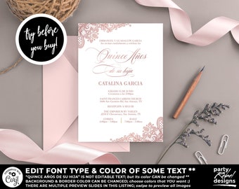 Quinceañera Invitation Instant Download, Lace Quinceañera Invitation, Rose Gold Quinceañera Invitation, Mis Quince, DIY Quinceañera, QC99