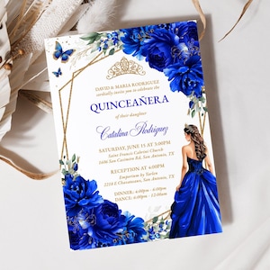 Royal Blue Floral Quinceañera Invitation Editable Instant Download Template, Gold Sweet 16 Floral Princess Birthday Digital Invitation, QC16