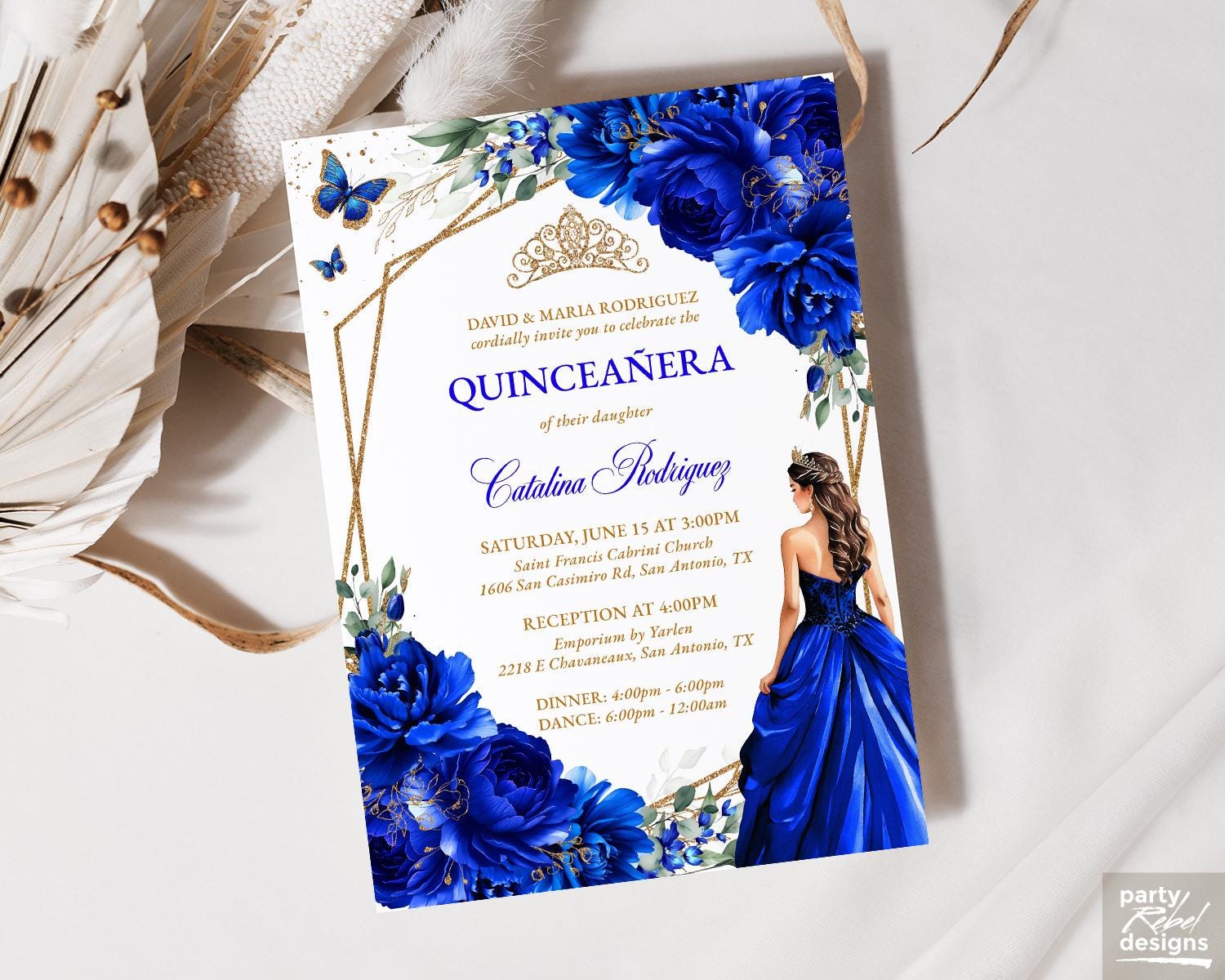 Royal Blue Floral Quinceañera Invitation Editable Instant Download Template, Gold Sweet 16 Floral Princess Birthday Digital Invitation, QC16
