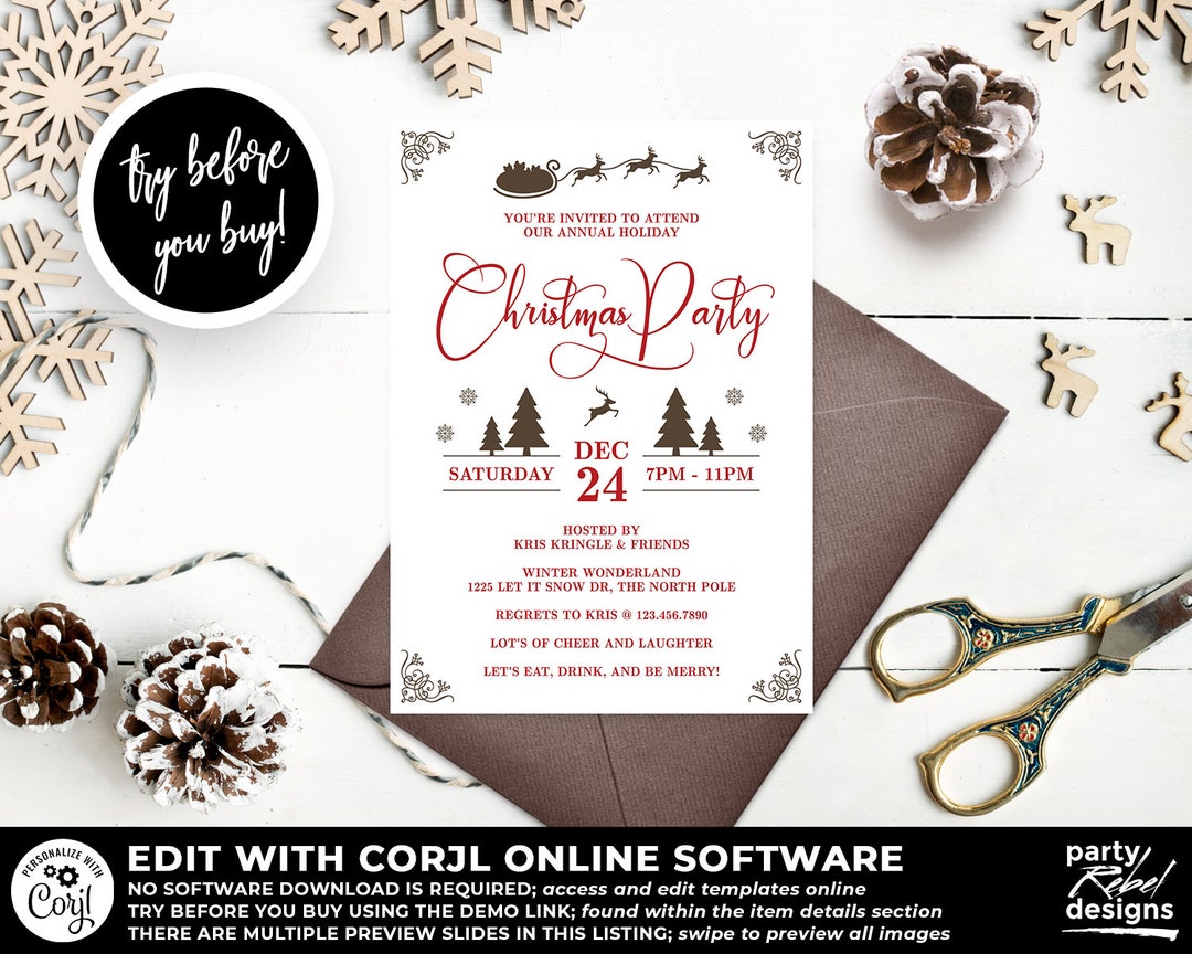 Christmas Party Invitation Printable Template, Christmas Party Template ...