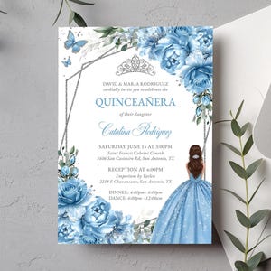 Cinderella Baby Blue Floral Quinceañera Invitation Editable Instant Download Template, Silver Sweet 16 Floral Princess Birthday, Corjl QC30