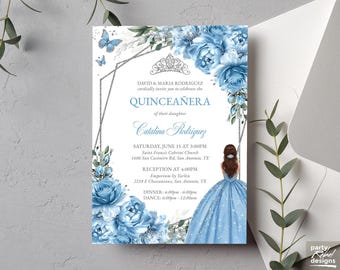 Cinderella Baby Blue Floral Quinceañera Invitation Editable Instant Download Template, Silver Sweet 16 Floral Princess Birthday, Corjl QC30