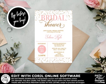 Blush Bridal Shower Invitation Instant Download Template, Pink and Gold Bridal Shower Invitation, Pink and Gold, Blush, Glitter, Corjl BRS48