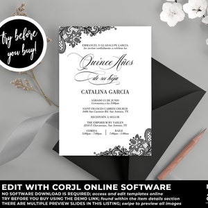 Quinceañera Invitation Instant Download, Lace Quinceañera Invitation, Black Quinceañera Invitation, Mis Quince, DIY Quinceañera, QC99