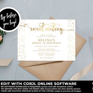 Sweet Sixteen Invitation Template, Gold Birthday Invitation, Printable Sweet Sixteen, Sweet Sixteen Instant Download, BD27