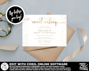 Sweet Sixteen Invitation Template, Gold Birthday Invitation, Printable Sweet Sixteen, Sweet Sixteen Instant Download, BD27