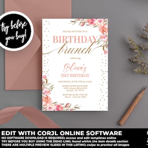 Birthday Brunch Invitation, Floral Birthday Invitation, Watercolor Birthday Invitation, Blush Birthday Invitation, Birthday Template, BD34