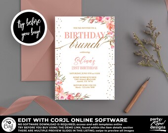 Puede incluir: Una invitación a un brunch de cumpleaños rosa y dorado con detalles florales. La invitación dice "Estás invitado a un brunch de cumpleaños para celebrar el cumpleaños número 21 de Celina".