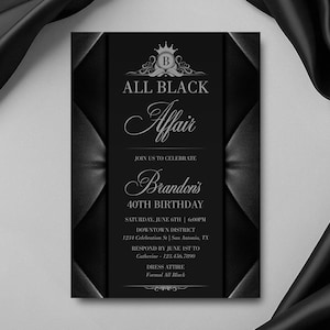 All Black Affair Birthday Party Invitation - Editable Template, Elegant Classy All Black Dinner Invitation - Instant Download, Corjl BD121