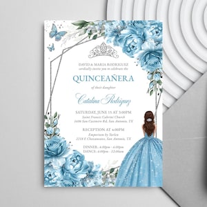 Baby Blue Floral Quinceañera Invitation Editable Instant Download Template, Silver Sweet 16 Floral Princess Birthday Digital Invite, QC31