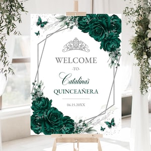 Emerald Green Floral Quinceañera Welcome Sign, Instant Download Editable Template, Butterfly Sweet 16 Custom Printable Party Sign, QC52