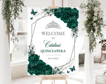 Emerald Green Floral Quinceañera Welcome Sign, Instant Download Editable Template, Butterfly Sweet 16 Custom Printable Party Sign, QC52