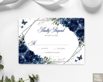 Navy Blue Floral RSVP Editable Invitation Template Instant Download, Kindly Reply Butterfly Flowers Card, Quinceañera Sweet 16, Corjl RSVP24