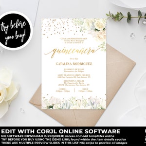 Quinceañera Invitation Template, Floral Quinceañera Invitation Template, Quinceañera Instant Download, Sweet Fifteen, Birthday, Corjl QC71