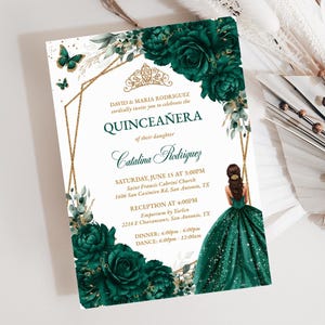 Emerald Green & Gold Floral Quinceañera Invitation, Editable Template, Instant Download PDF, Butterfly Sweet 16 Birthday, Quince Años, QC52