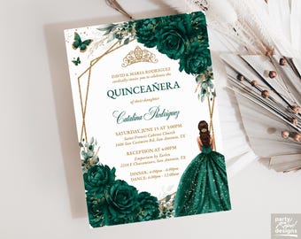 Emerald Green & Gold Floral Quinceañera Invitation, Editable Template, Instant Download PDF, Butterfly Sweet 16 Birthday, Quince Años, QC52