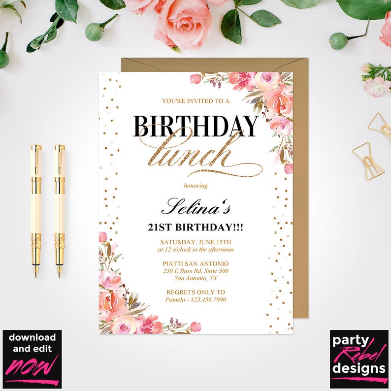 Birthday Lunch Invitation Floral Birthday Invitation Etsy