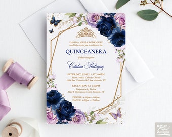 Navy Blue Lilac Lavender Floral Quinceañera Editable Invitation Template, Butterfly Mis Quince Años, Gold Floral Birthday Invitation, QC19