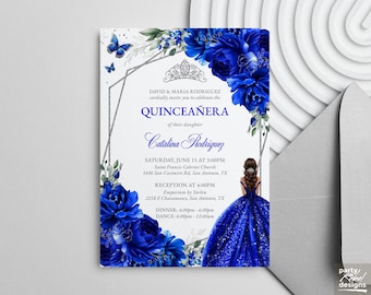 Royal Blue Floral Quinceañera Invitation Editable Instant Download Template, Silver Quinceañera Floral Princess Birthday Invitation, QC16