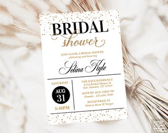 Black & Gold Bridal Shower Invitation, Instant Download PDF, Editable Template, Gold Glitter Confetti Invitation, DIY Corjl Template, BRS48