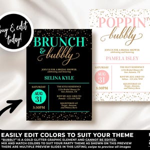 May include: Two printable bridal shower invitations with a black and gold glitter background. The text on the invitations reads "Brunch & Bubbly" and "Poppin' Bubbly". The invitations are for Selina Kyle and Pamela Isley, and both are scheduled for Saturday, August 31st at 3:30 PM.