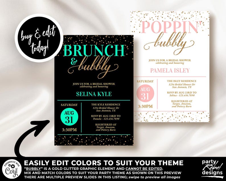 May include: Two printable bridal shower invitations with a black and gold glitter background. The text on the invitations reads "Brunch & Bubbly" and "Poppin' Bubbly". The invitations are for Selina Kyle and Pamela Isley, and both are scheduled for Saturday, August 31st at 3:30 PM.