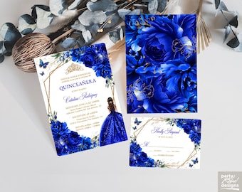 Puede incluir: Un set de invitación de Quinceañera con motivos florales azul intenso, marcos geométricos dorados y el gráfico de una persona con vestido azul. El texto incluye detalles para Catalina Rodriguez, fecha, hora y lugar, además de una tarjeta de respuesta.