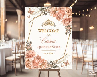Dusty Peach Floral Quinceañera Welcome Sign Poster Instant Download Editable Template, Gold Sweet 16 Birthday Printable Welcome Sign, QC42
