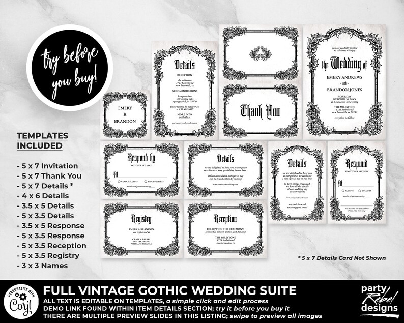 Vintage Gothic Wedding Invitations, Halloween Wedding, Rustic Wedding, Til Death Do Us Part, Hallowedding, Gothic, Vintage, Editable, WS19 image 2