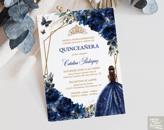 Navy Blue Floral Quinceañera Invitation Princess Editable Template, Gold Quinceañera, Mis Quince Años, Floral Birthday Invitation, QC24