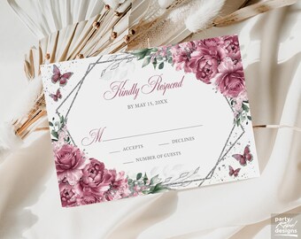 Dusty Rose Floral RSVP Editable Invitation Template Instant Download, Silver Quinceañera Kindly Reply Butterfly Card, Sweet 16, RSVP10