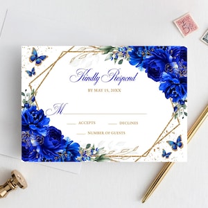 Royal Blue Floral RSVP Editable Invitation Template Instant Download, Quinceañera Kindly Reply Butterfly Card, Sweet 16, RSVP16