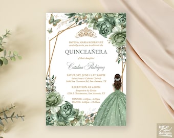 Editable Sage Green Gold Floral Quinceañera Invitation, Floral Sweet 16 Birthday Princess Invite, Mis Quince XV Anos Instant Download, QC34