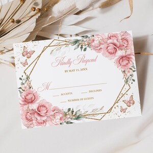 Pink Blush and Gold Floral Quinceañera RSVP Card Instant Download Editable Template, Butterfly Mis Quince 15 Años Printable Card, RSVP44