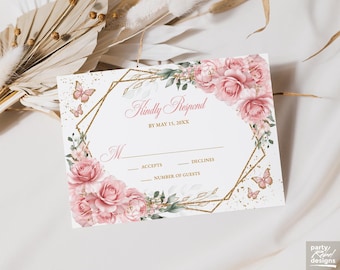 Pink Blush and Gold Floral Quinceañera RSVP Card Instant Download Editable Template, Butterfly Mis Quince 15 Años Printable Card, RSVP44