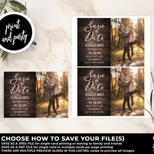 May include: Save the date announcement with a rustic wood background and a photo of a couple. The text reads "Save the Date" with the couple's names, "Selina & Bruce", and the date "July 4th, 2021".