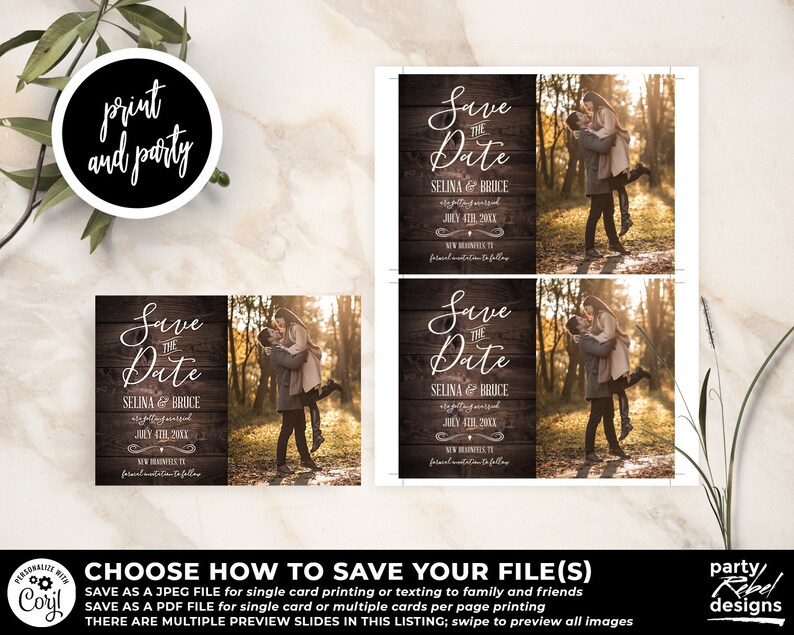 May include: Save the date announcement with a rustic wood background and a photo of a couple. The text reads "Save the Date" with the couple's names, "Selina & Bruce", and the date "July 4th, 2021".