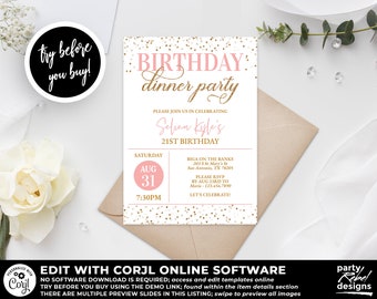 Blush Birthday Dinner Invitation, Pink and Gold Birthday Invitation, Pink and Gold, Birthday Template, Dinner, Blush, Printable, PDF, BD51