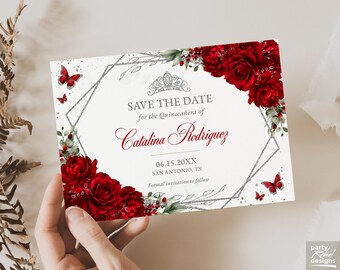 Editable Red Floral Quinceañera Save the Date Invitation Template, Instant Download, Silver Sweet 16 Butterfly Invite, Mis Quince Años, QC55